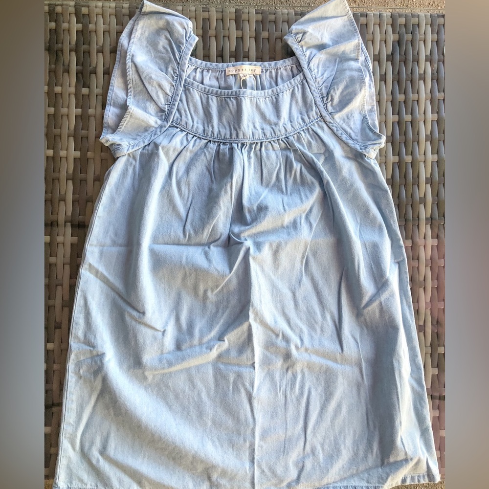 Copper Key Flutter Sleeve Pin-tuck Denim Dress
